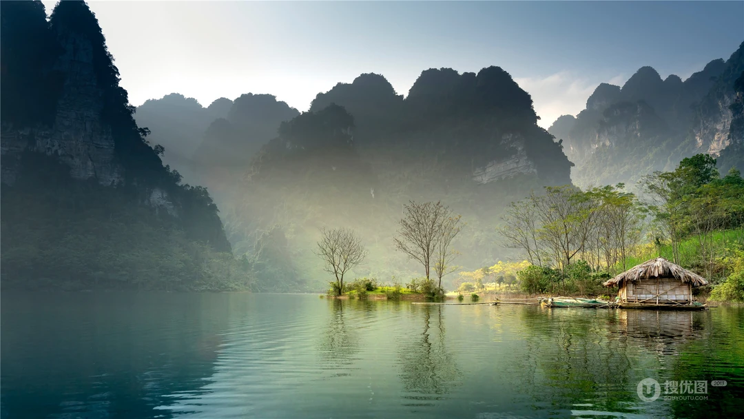 湖中山水景色，如中国画般的湖中山水景色桌面壁纸图片