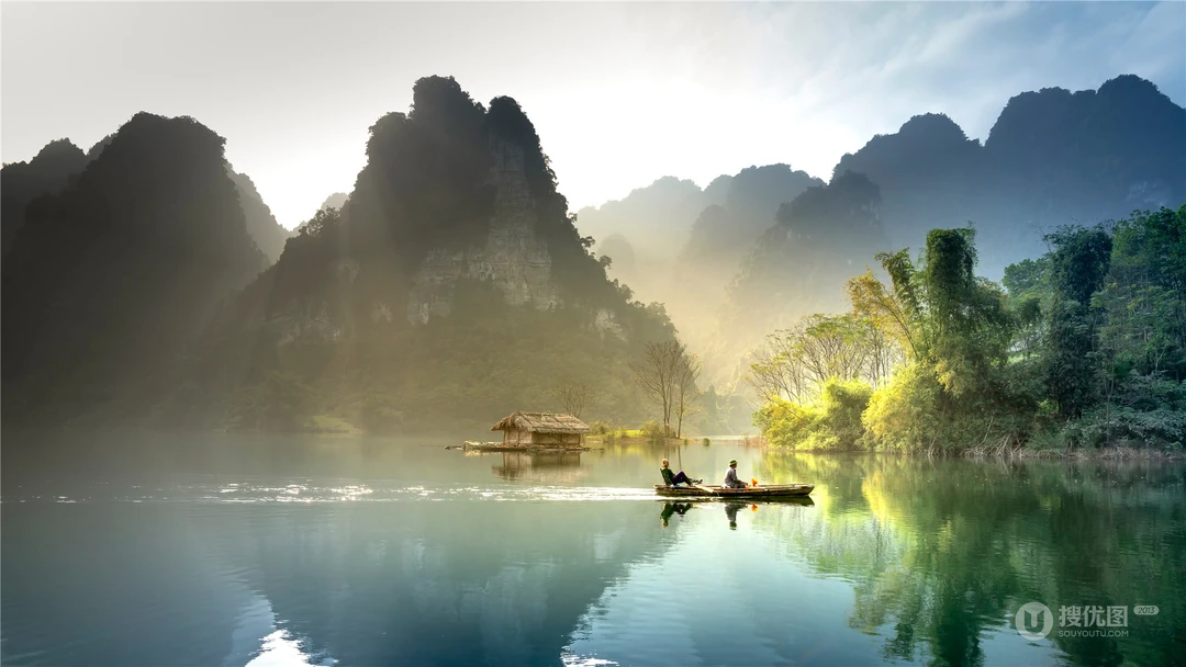 湖中山水景色，如中国画般的湖中山水景色桌面壁纸图片