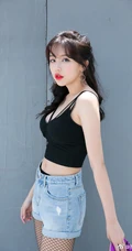 时尚运动滑板女生气质黑色背心牛仔短裤网袜街拍写真图片