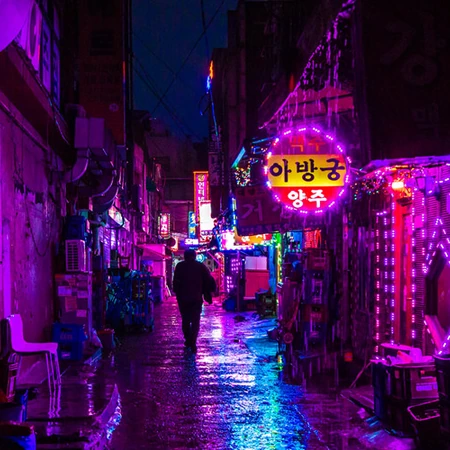 韩国城市夜景图片，唯美的韩国城市一角霓虹灯夜景图片