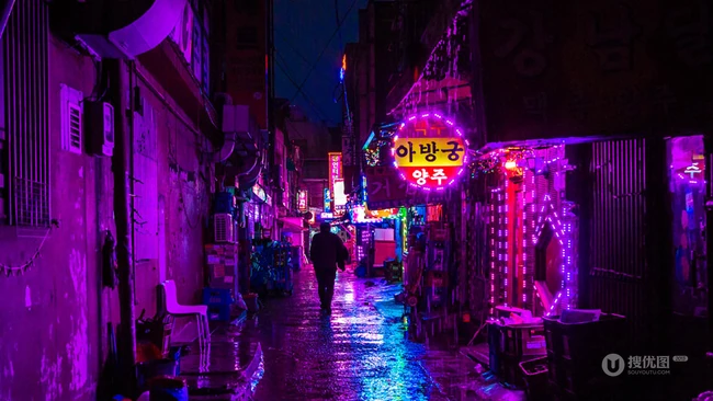 韩国城市夜景图片，唯美的韩国城市一角霓虹灯夜景图片