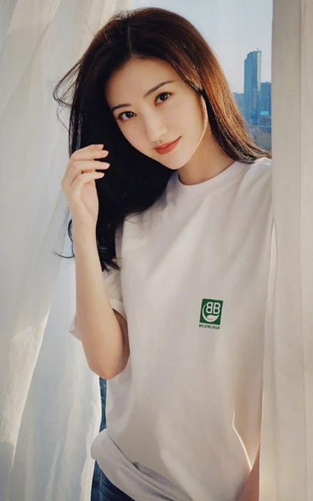 景甜白T短袖清新居家休闲装动人写真图片