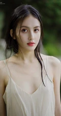 山间溪流中的精选春色，肩带白裙长发小仙女溪流戏水清透写真图片