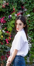 花前美人古力娜扎，娜扎白衫牛仔裤清新户外写真图片