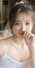 娇小型丸子头可爱少女，着三只小猫图案肩带背心短裤厨房写真图片