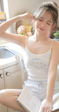 娇小型丸子头可爱少女，着三只小猫图案肩带背心短裤厨房写真图片