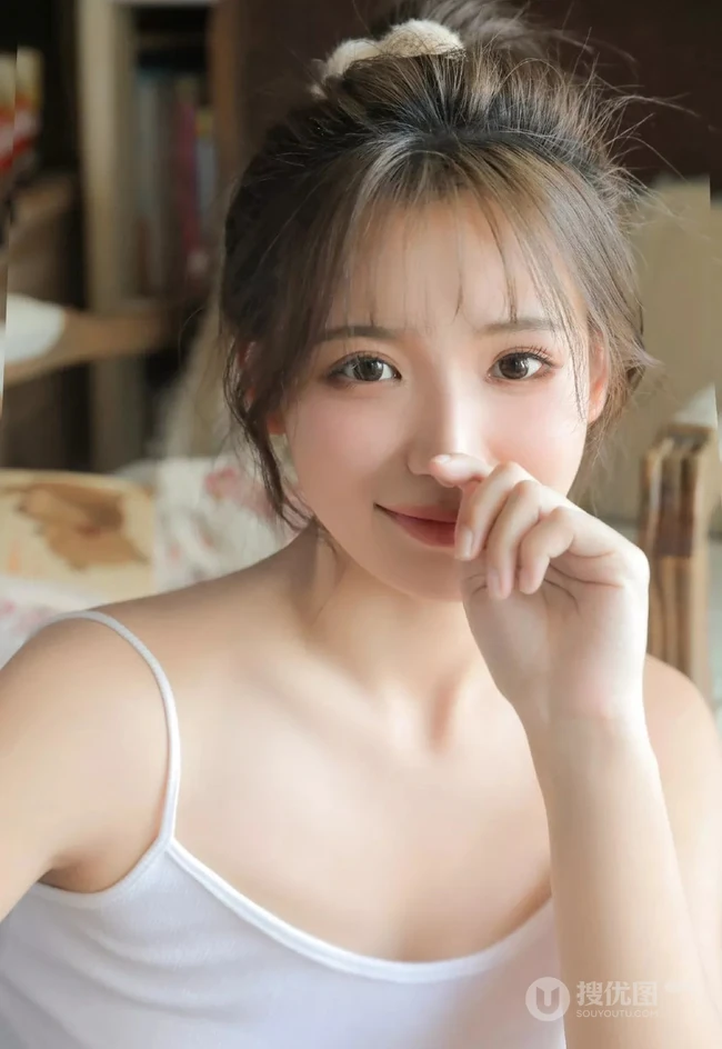 娇小型丸子头可爱少女，着三只小猫图案肩带背心短裤厨房写真图片