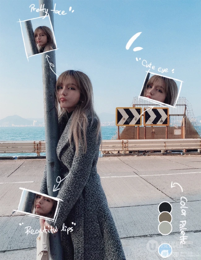 周扬青时尚灰大衣黑裙黑皮靴街拍写真图片