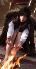 沙漠木屋中取暖的美萌匀称气质少女，给你最真实的怦然心动
