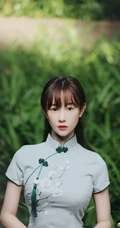 张檬着青色旗袍复古文艺户外写真，身形腰线优雅完美