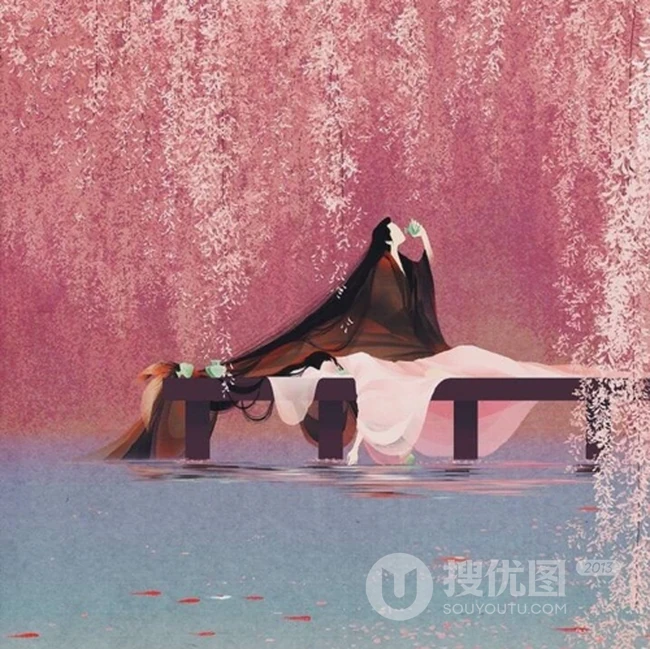 缘定三生携白首，唯美淡粉背景湖边的情侣动人古风意境美图