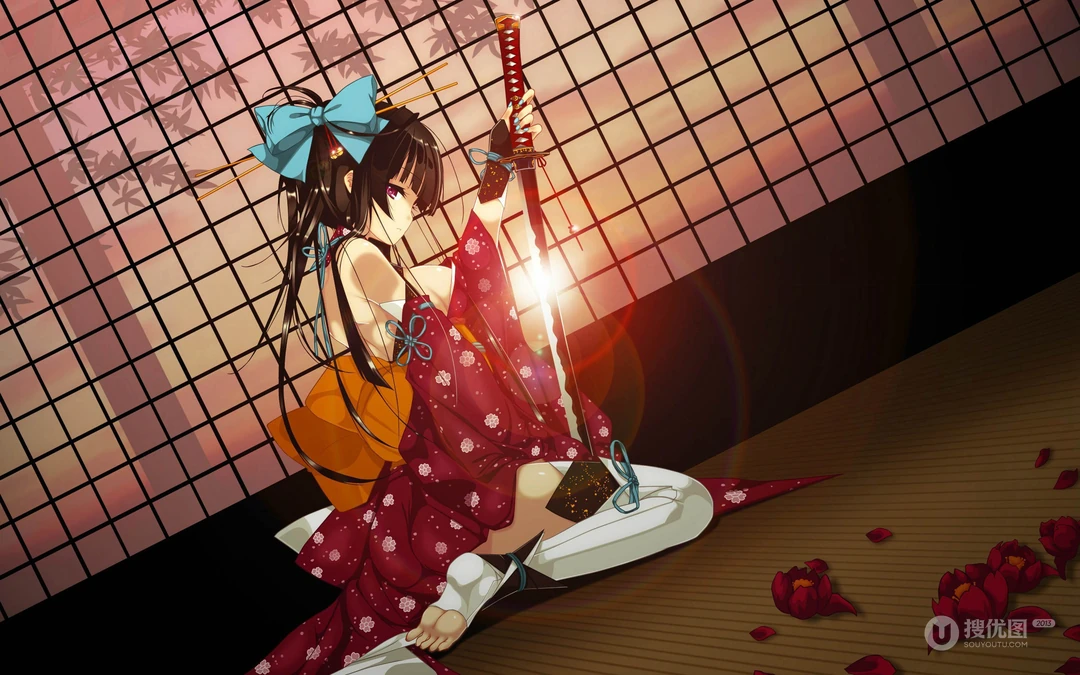 色彩缤纷，日本和服风动漫少女炫酷桌面背景