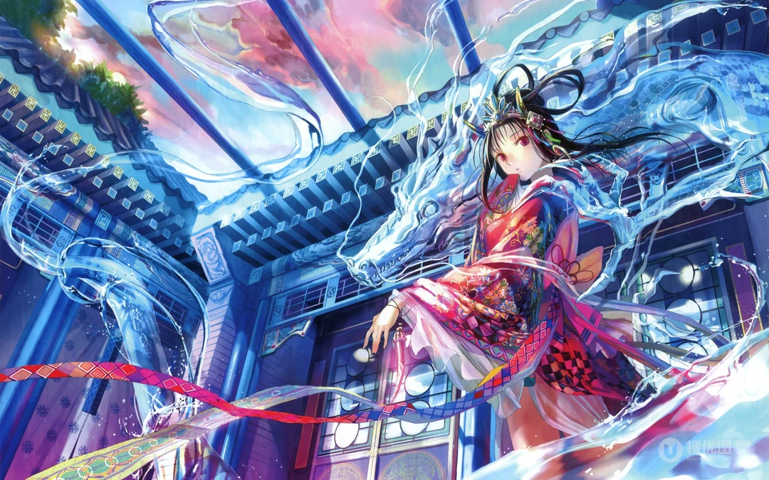 色彩缤纷，日本和服风动漫少女炫酷桌面背景