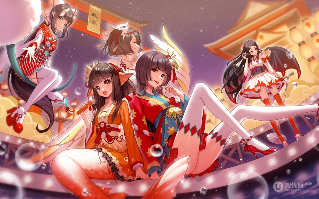 色彩缤纷，日本和服风动漫少女炫酷桌面背景