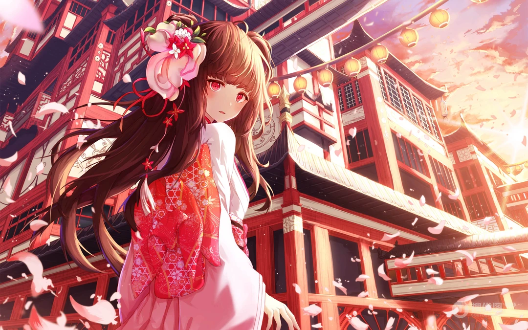 色彩缤纷，日本和服风动漫少女炫酷桌面背景