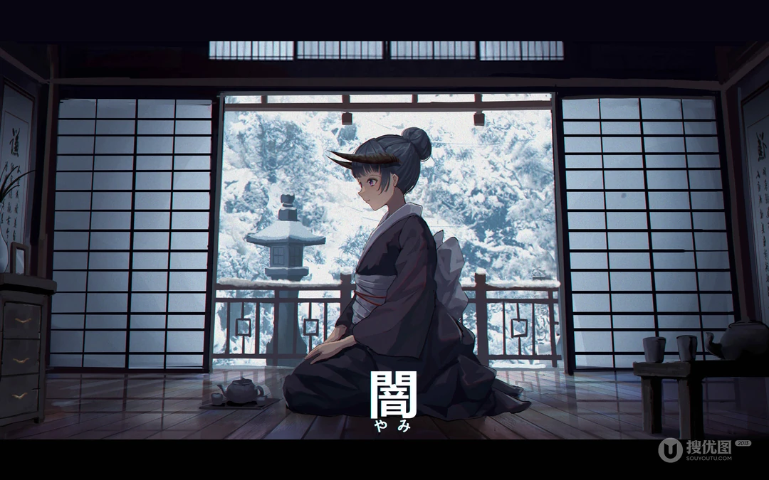 色彩缤纷，日本和服风动漫少女炫酷桌面背景