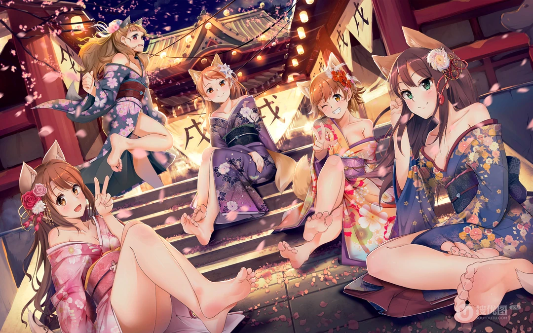 色彩缤纷，日本和服风动漫少女炫酷桌面背景