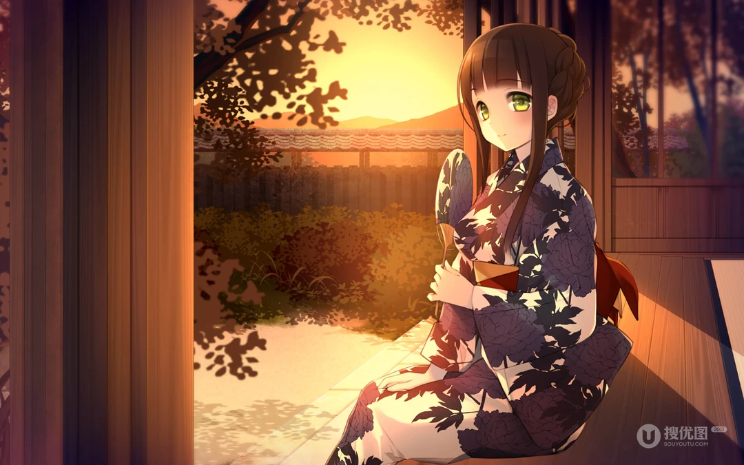 色彩缤纷，日本和服风动漫少女炫酷桌面背景