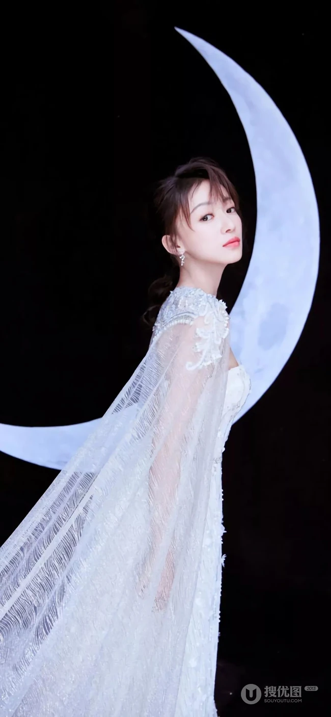 明星吴谨言清纯月下白裙唯美摄影手机壁纸推荐
