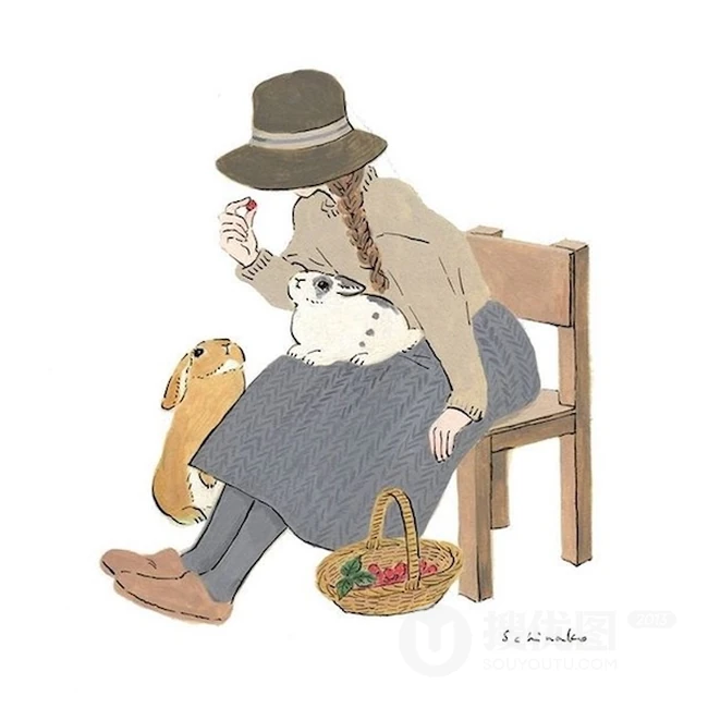 少女和兔子，爱兔成痴的日本插画家森山標子清新插画图片