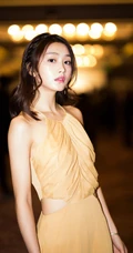 王嵛参加某活动夜晚魅力写真，鹅黄肩带长裙美肩气质