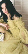春夏晒自家衣柜前坐地写真，着淡黄色纱裙，慵懒拨发超动人