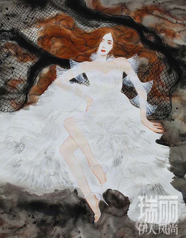 画中的杨幂，艺术手绘加时装服饰，杨幂《瑞丽伊人风尚》4月封面图片