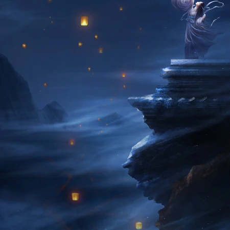 孔明灯图片，放孔明灯唯美古风意境手绘插画图片