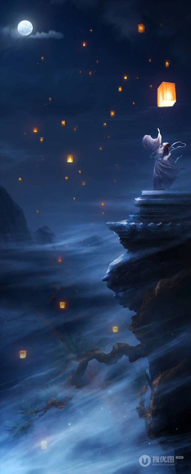 孔明灯图片，放孔明灯唯美古风意境手绘插画图片