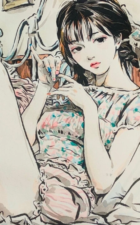 可做头像的手绘动漫少女，可爱气质线条感女孩慵懒插画图片