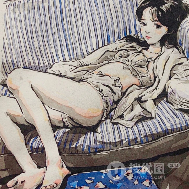 可做头像的手绘动漫少女，可爱气质线条感女孩慵懒插画图片