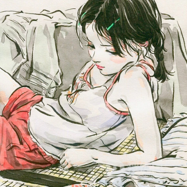 可做头像的手绘动漫少女，可爱气质线条感女孩慵懒插画图片
