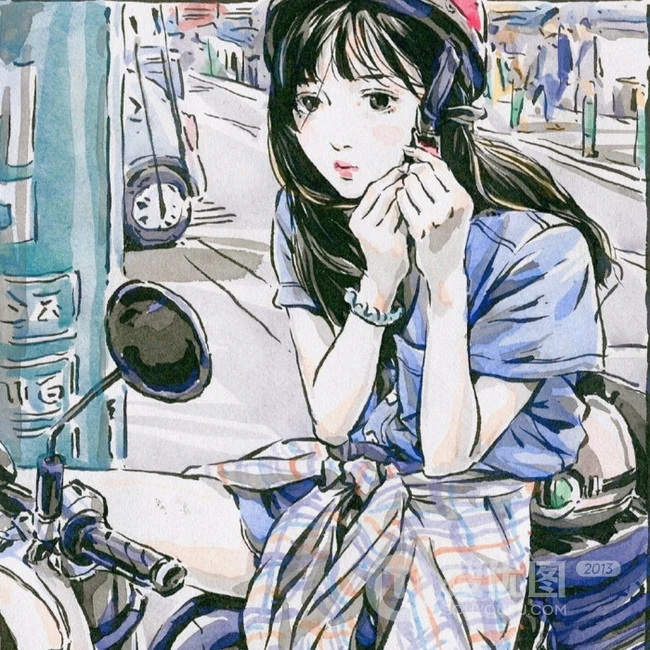 可做头像的手绘动漫少女，可爱气质线条感女孩慵懒插画图片