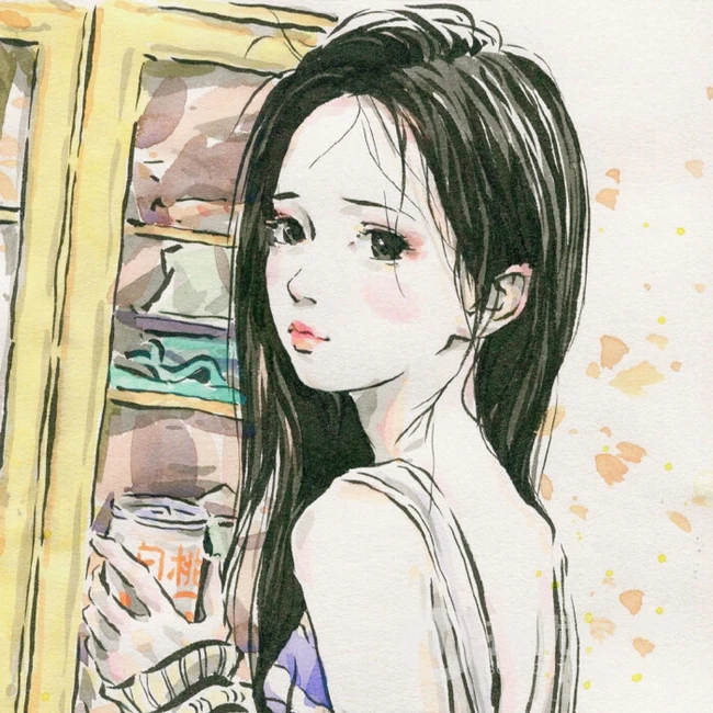 可做头像的手绘动漫少女，可爱气质线条感女孩慵懒插画图片