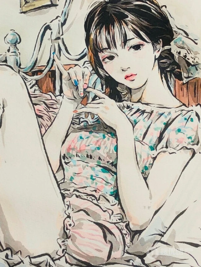 可做头像的手绘动漫少女，可爱气质线条感女孩慵懒插画图片