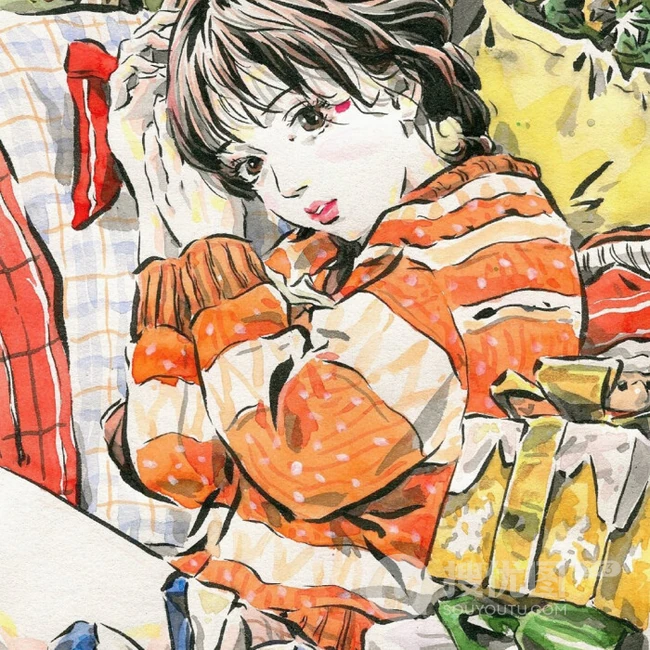 可做头像的手绘动漫少女，可爱气质线条感女孩慵懒插画图片