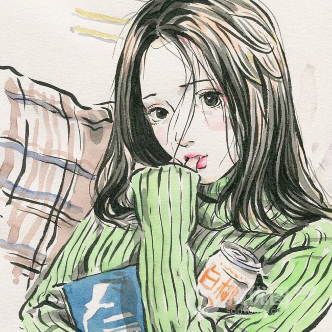可做头像的手绘动漫少女，可爱气质线条感女孩慵懒插画图片