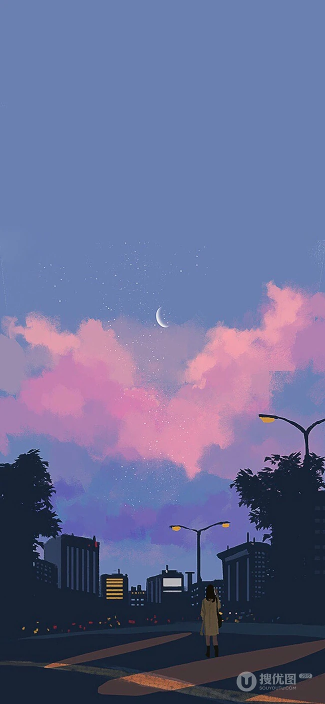 黄昏城市的上空，傍晚天空的弯月高清手机壁纸