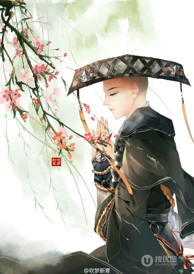 和尚图片，精美二次元少林光头和尚禅意手绘插画图片