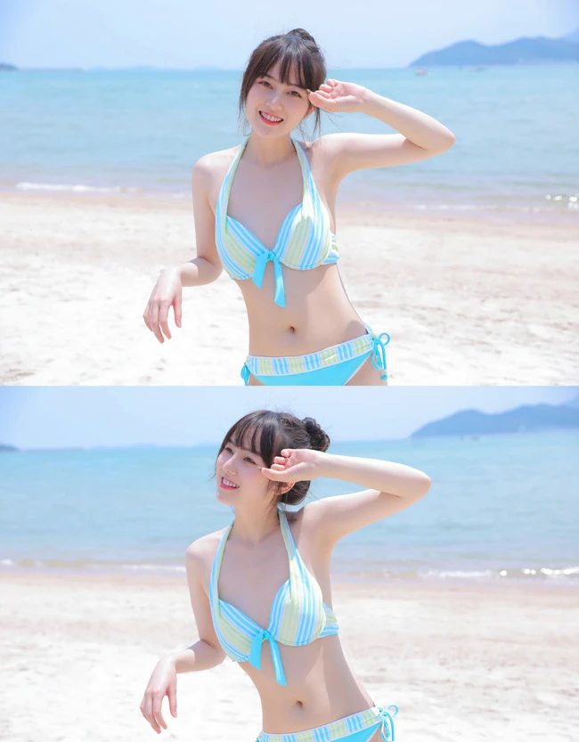 海边泳装女生，有点小微胖可爱丸子头泳装女生海边玩耍写真