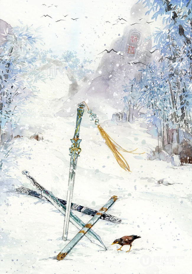 剑三水彩创意插画，国风武侠风格创意水彩画美图