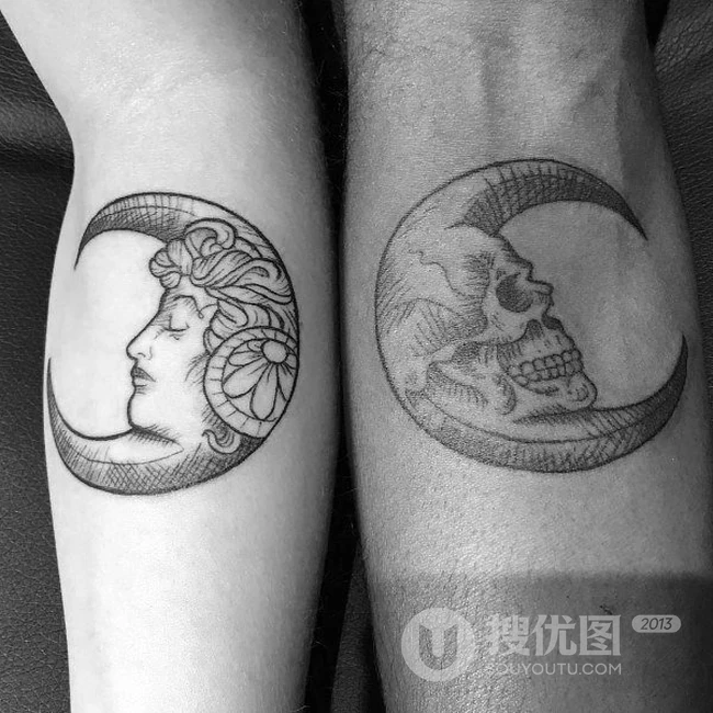 情侣黑白纹身，10组情意绵绵一左一右配对情侣纹身图案图片 第2张