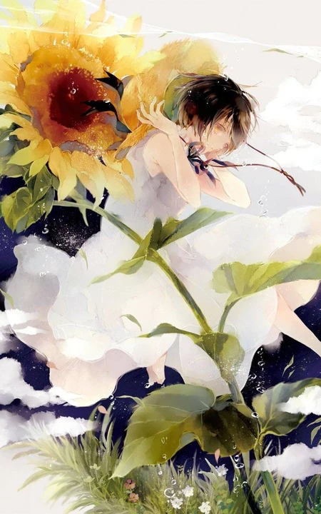 手绘的向日葵少女插画黄黄的画面好唯美