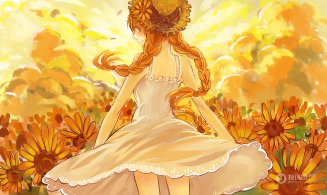 手绘的向日葵少女插画黄黄的画面好唯美