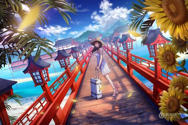 手绘的向日葵少女插画黄黄的画面好唯美