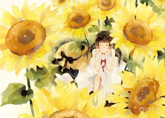 手绘的向日葵少女插画黄黄的画面好唯美