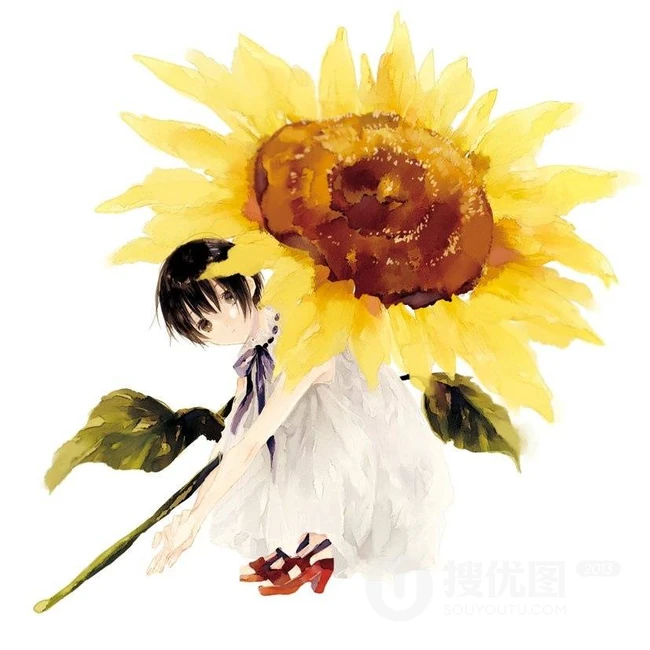 手绘的向日葵少女插画黄黄的画面好唯美