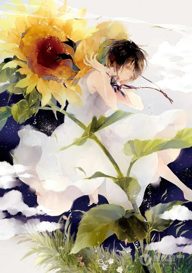 手绘的向日葵少女插画黄黄的画面好唯美