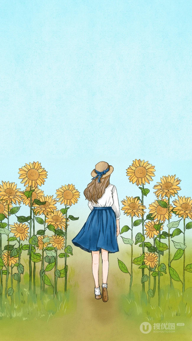 手绘的向日葵少女插画黄黄的画面好唯美