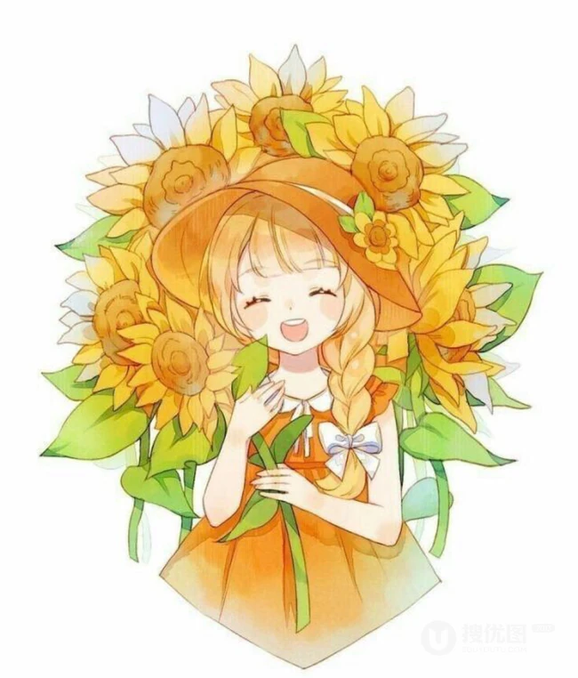 手绘的向日葵少女插画黄黄的画面好唯美